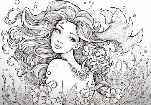 Coloring page of a beautiful mermaid, seapunk style, cartoonish characters, shiny, pictorial, detailed