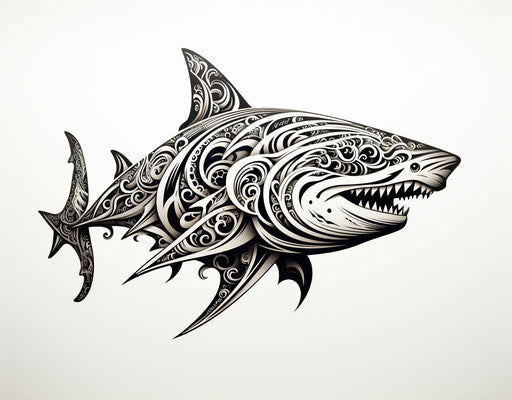 Black and white tribal tattoo with shark, decorative style