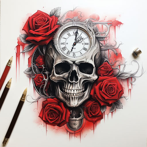 Skull, roses, clock tattoo on red leather, white cybersteampunk