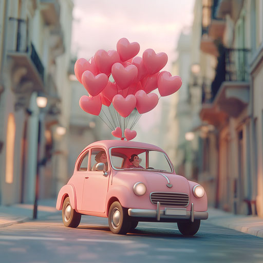 Pink vintage car with heart-shaped balloons