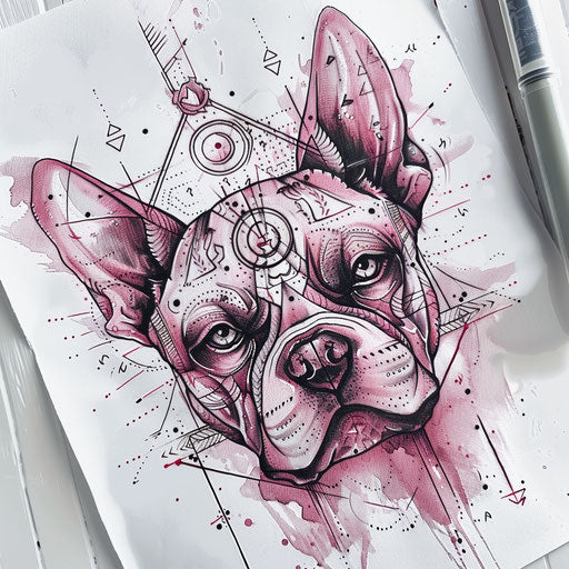 Mystical pitbull tattoo design with symbols and pastel colors on white background