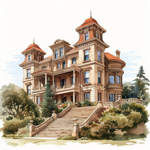 Manor illustration in the style of Oil painting, on white background