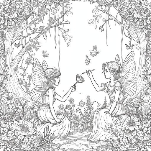 Fairies painting flowers in the forest