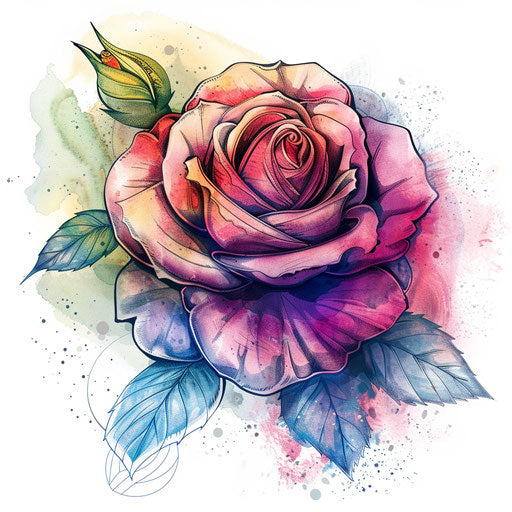 Beautiful flat tattoo sketch of rose with soft watercolor