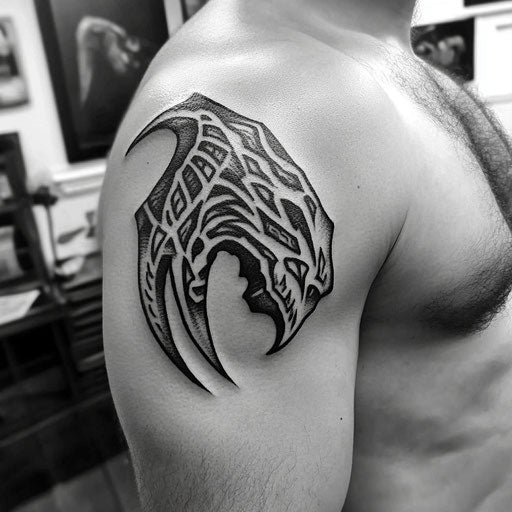 Tribal tattoos for men with a bold tribal bear claw on the shoulder in the style of Steve McNiven