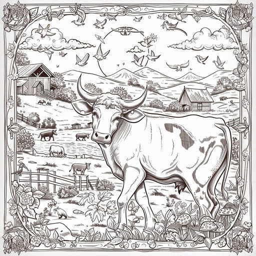 Cow and other farm animals in a playful scene