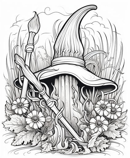 Halloween coloring page with witch hat and broom, fantastical dreamscapes style, ilford pan f 5:6