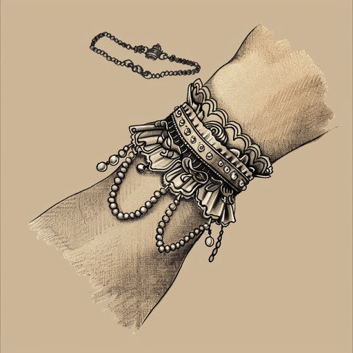 Stylish flat tattoo design of a wrist band with lace and pearl
