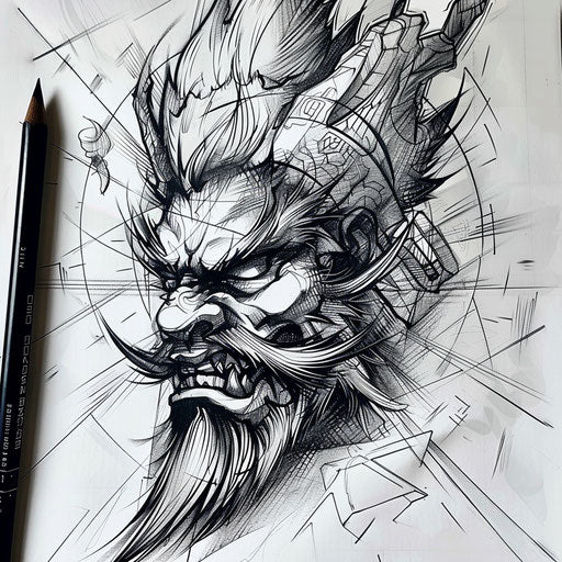 Contemporary tattoo sketch of a Tengu with minimalist aesthetic and bold outlines