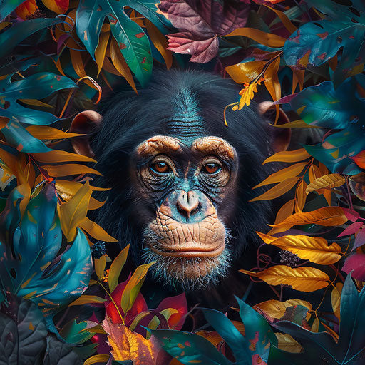 Chimpanzee portrait with colorful foliage backdrop