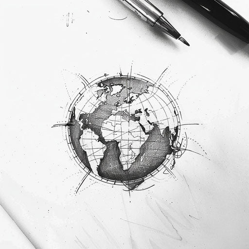 Monochrome black and white flat tattoo sketch of Earth with detailed latitude and longitude lines