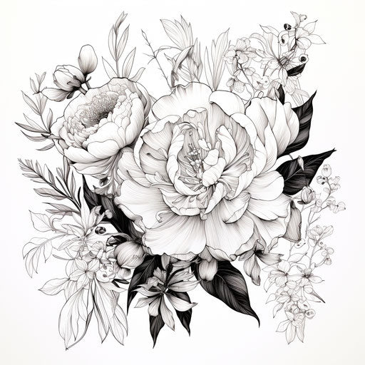 Bold floral sketch in black, traditional with realistic details