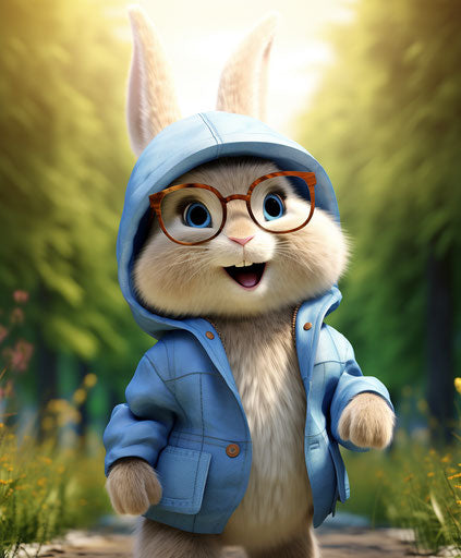A bunny wears glasses and a blue hat