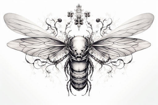 Black and white insect with wings in skull motif style