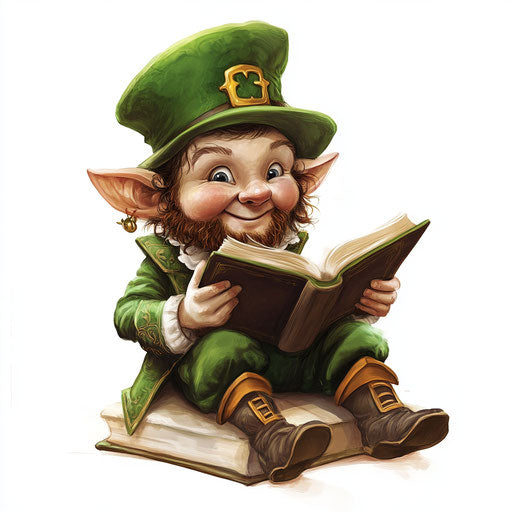 Cute leprechaun reading, clipart on white background, in the style of Thomas Kinkade and Lilia Alvarado