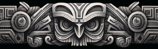 Eagle head tiki print, ndebele-inspired motifs, detailed monochrome, detailed architecture, mountainous vistas, symmetrical designs