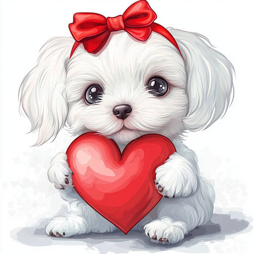 White Maltese Puppy with Red Bow Holding Heart
