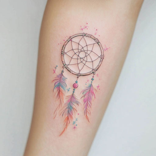 Female arm tattoo: dreamcatcher in light pastel tones