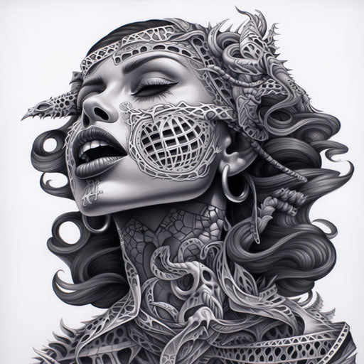 Black and white drawing of a woman putting a smoker in her mouth, cybermysticpunk style