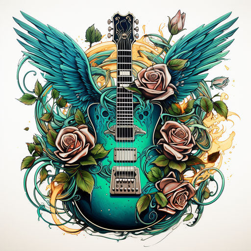 Guitar with wings and roses, emerald and blue style