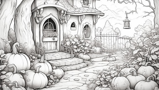 Halloween witch coloring page with pumpkins, romantic landscape style