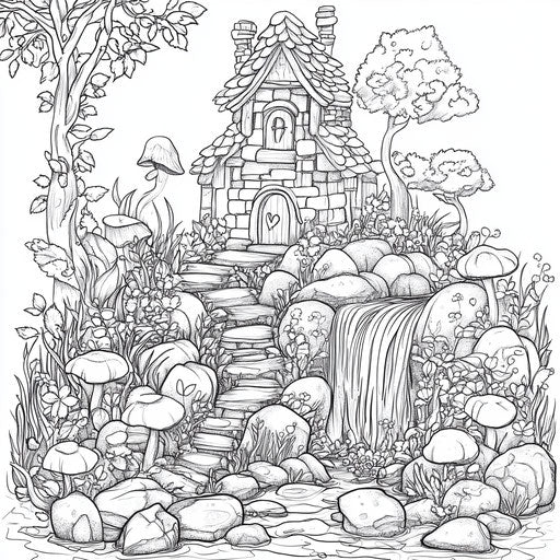Whimsical fairy garden in the style of Teagan White coloring book page