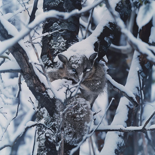 Possum hidden in a snowy forest