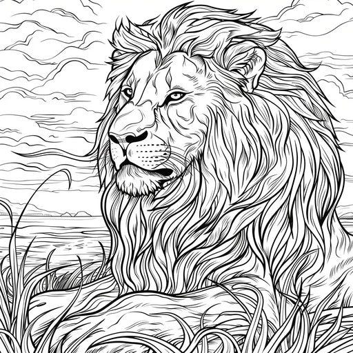 Majestic lion in the savannah, detailed coloring page