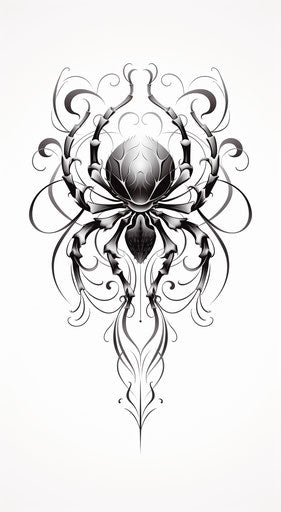 Black and white spider tattoo with rococo ornamentation