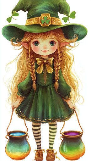 Adorable girl in green with golden hat, pots of rainbow liquid