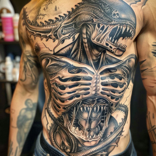 Alien's stomach tattoos in the style of Humberto Ramos