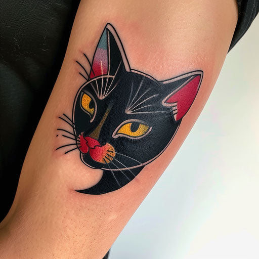 Pop art black cat tattoo with bright colors