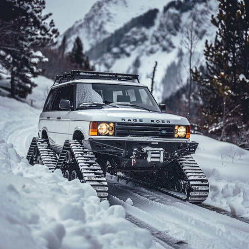 Winter exploration with a Range Rover equipped with snow tracks