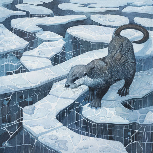 Otter navigating ice floe labyrinth in chilly river