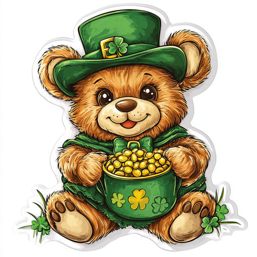 Adorable teddy bear with green hat and matching outfit holding gold pot