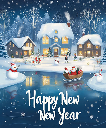 Snowy Christmas scene with snowmen, sleighs, and ice skaters