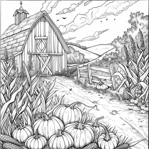 Whimsical scene of a barn during pumpkin and corn harvest