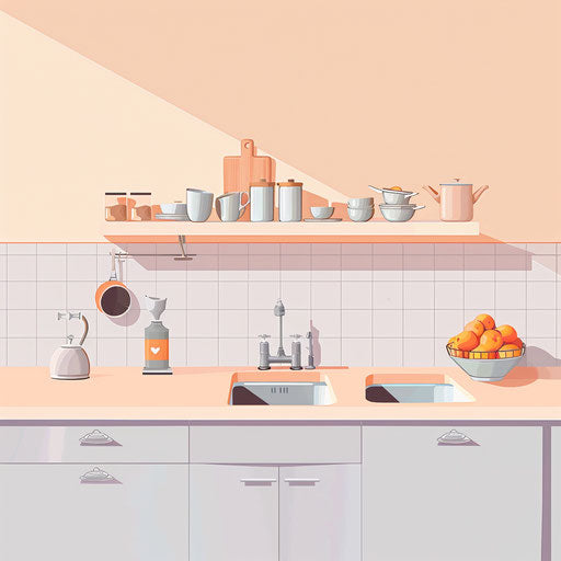 Realistic kitchen clipart on flat pastel peach background