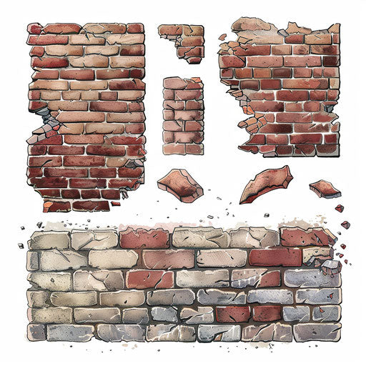 Realistic brick wall drawing on a flat white background