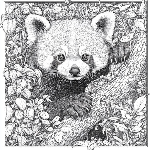 Red panda in detailed forest, Gennady Spirin style, coloring page