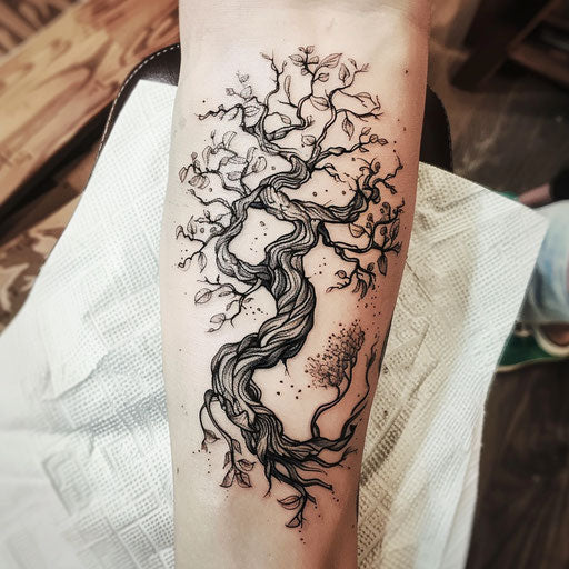 Dynamic drawing of a tree root entwined with wild elements