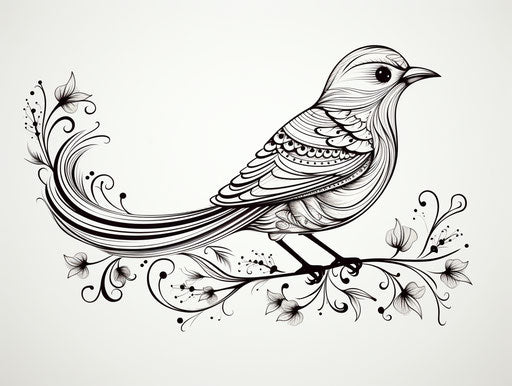 Drawing of bird in black on white, ornamental style, linear patterns