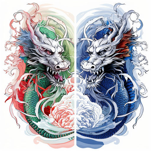 Pair of cheated Asian dragon tattoo designs with blue and white backdrop