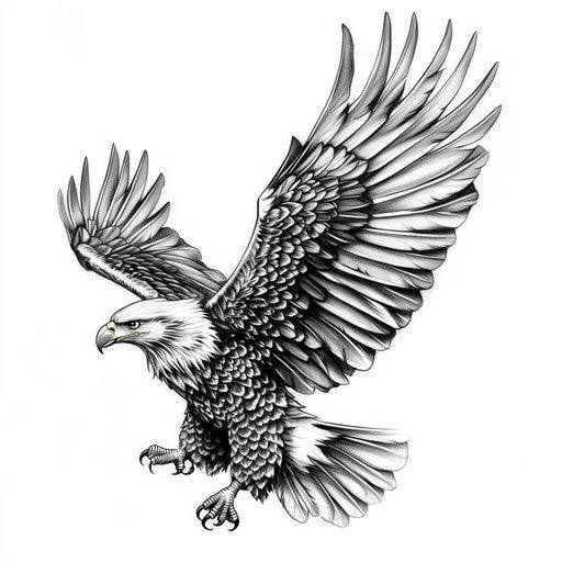 Beautiful flat tattoo sketch of eagle in flight in grayscale on white