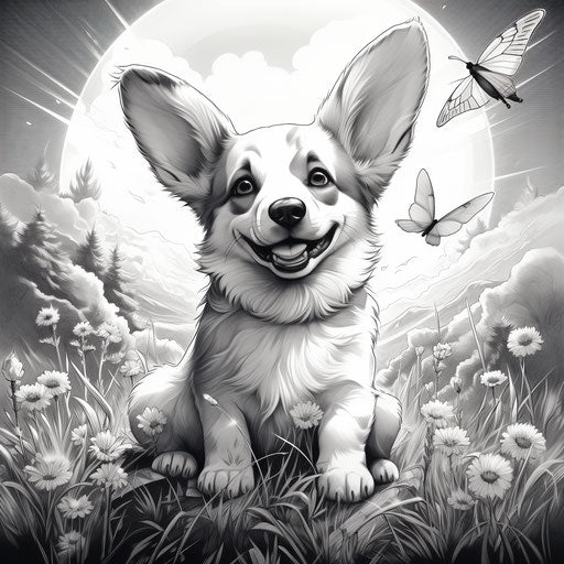 Corgi puppy walking in the meadow coloring page black and white