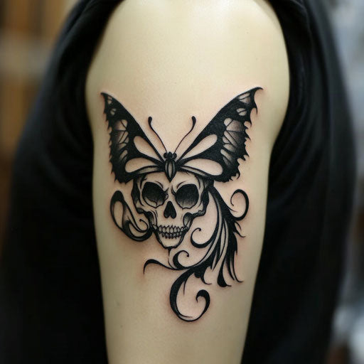 Skull butterfly tattoo on bicep with tribal flames, Adrian Smith style