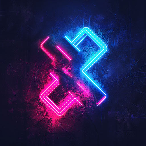 Neon logo with bold typography and electric blue and pink colors, against a dark black background