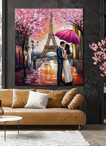 Eiffel Tower in Paris with a couple kissing under an umbrella, oil painting with cherry blossom trees in the background, canvas wall art for home decor.