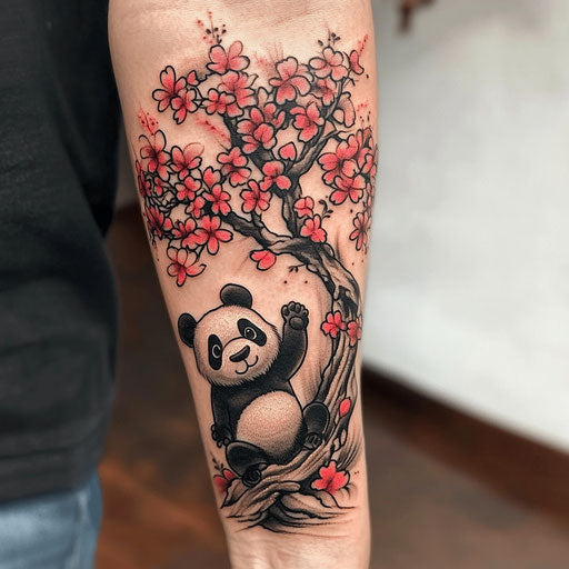 Cherry blossom tree tattoo in the style of Steve Sack with humorous panda