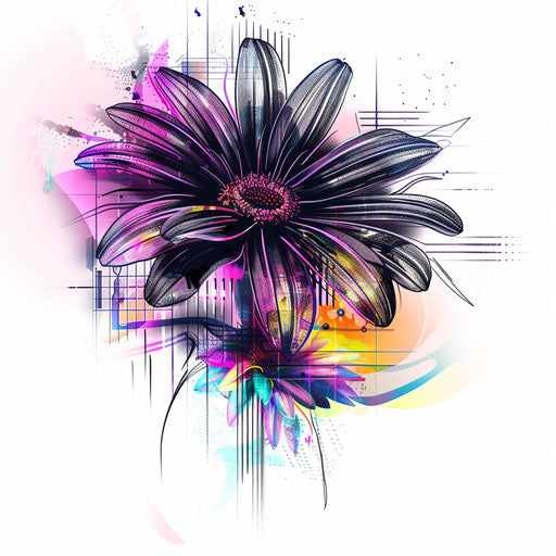 Futuristic tattoo sketch of a daisy in clipart style with neon colors and digital glitch effects